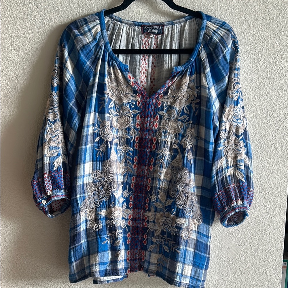 Johnny Was Blue and White Embroidered Blouse